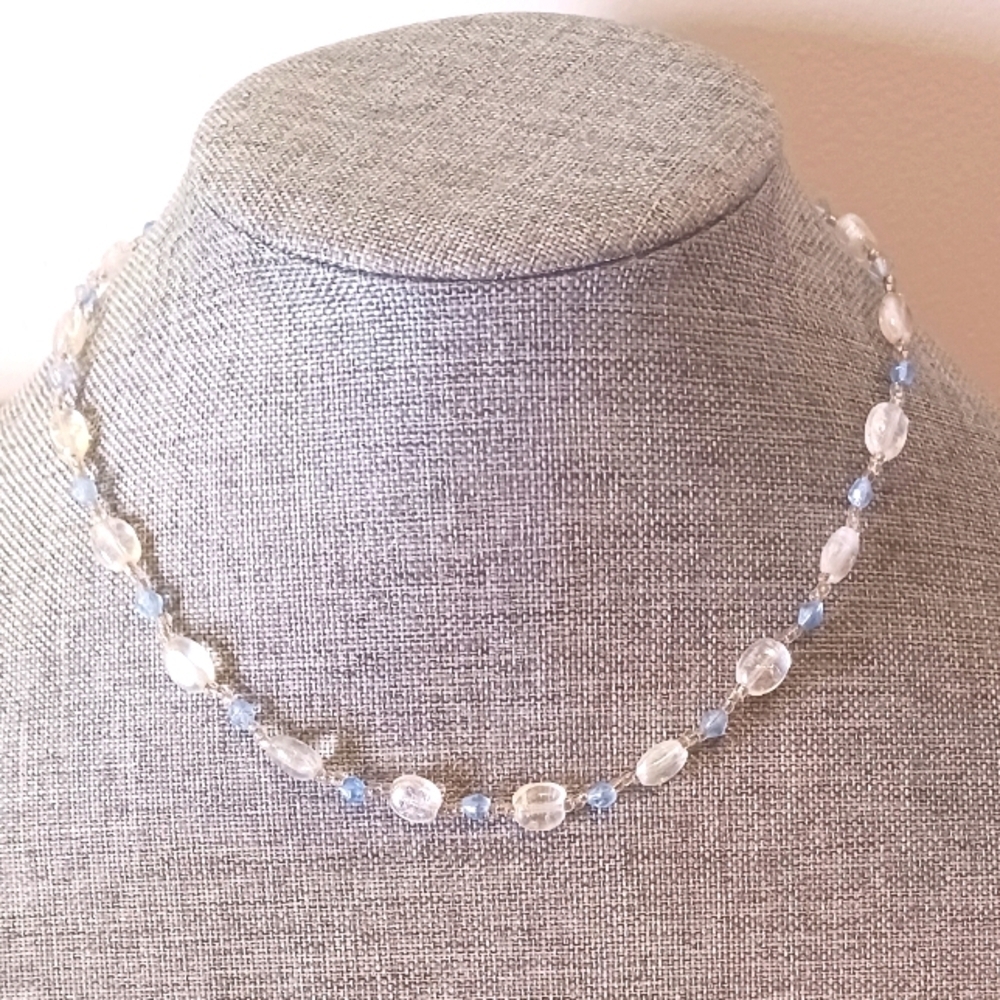 Handmade Glass Necklace w/ Clear and Light Blue Beads - New Item (17")